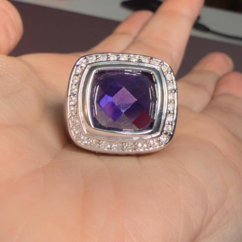 Purple Faceted Stone Silver Tone Ring CZ Halo Size 7 - Picture 3 of 6